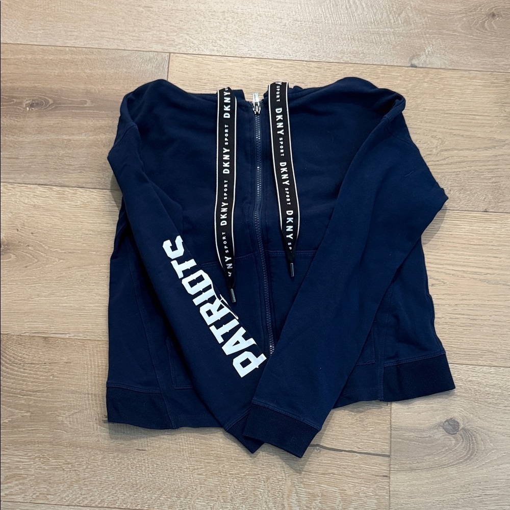 DKNY Navy Blue Zip-Up hoodie with Patriots Sleeve Detail- NFL